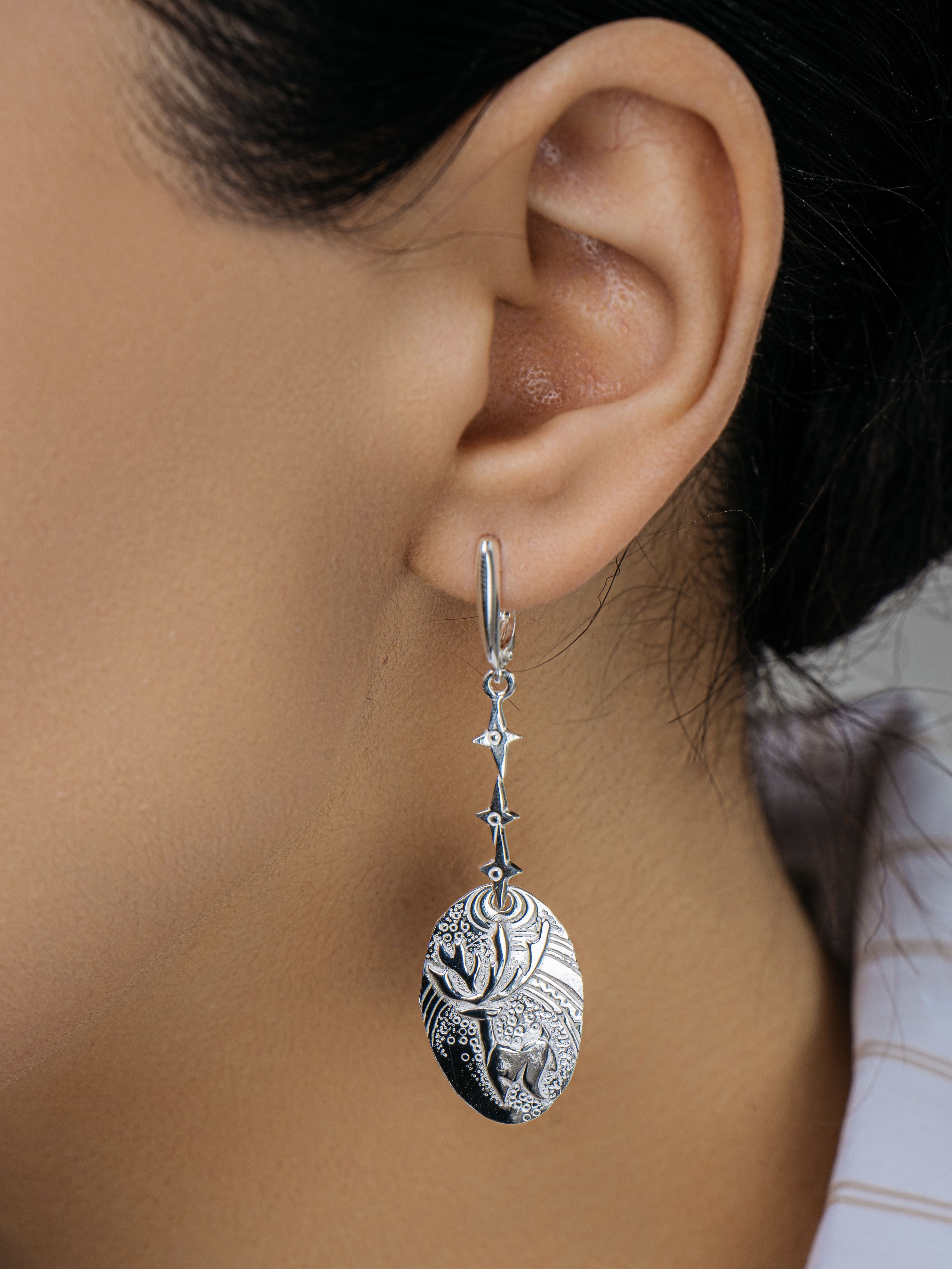 Серьги серебряные длинные Олени Звезды