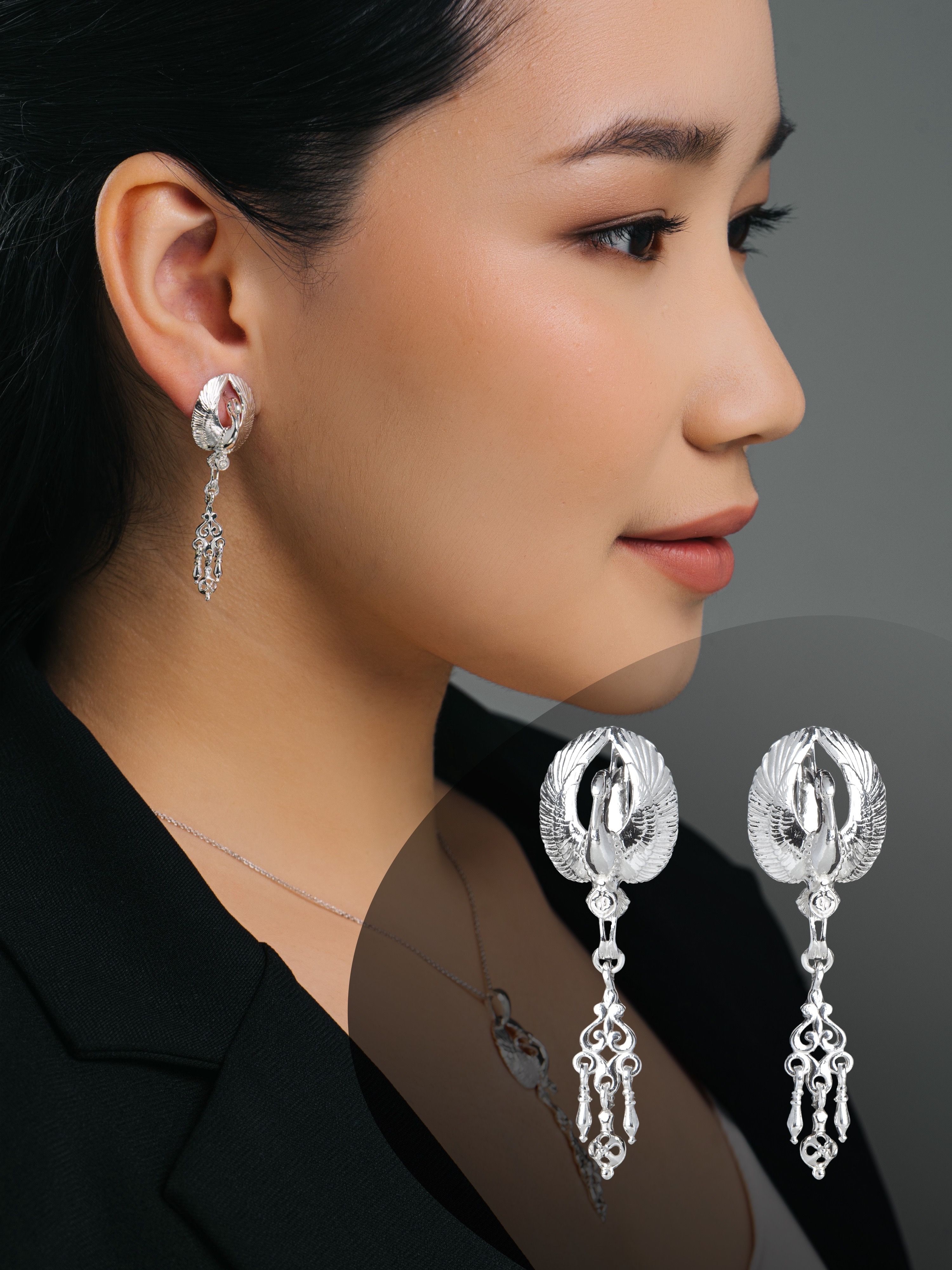 Серьги серебряные длинные Птицы Узоры