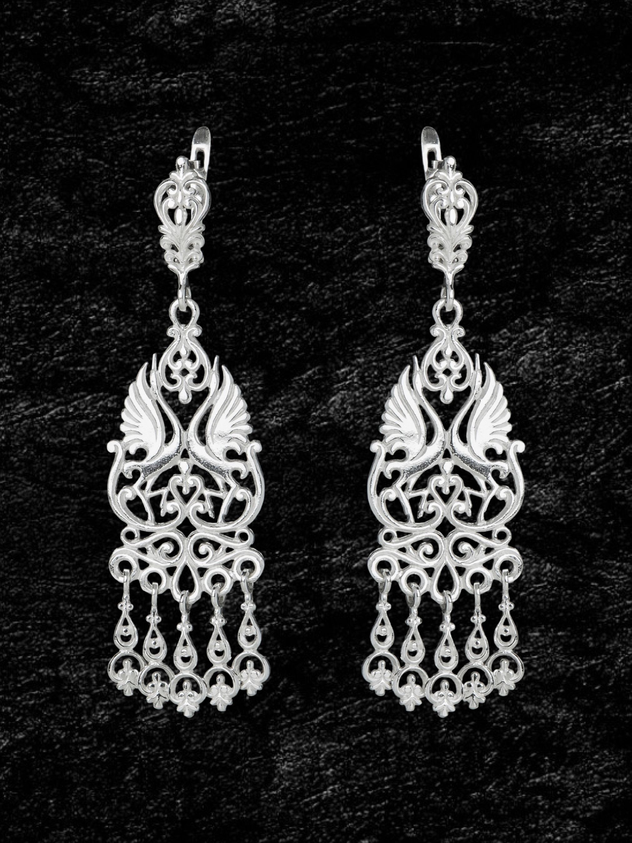 Серьги серебряные якутские Птицы Узоры
