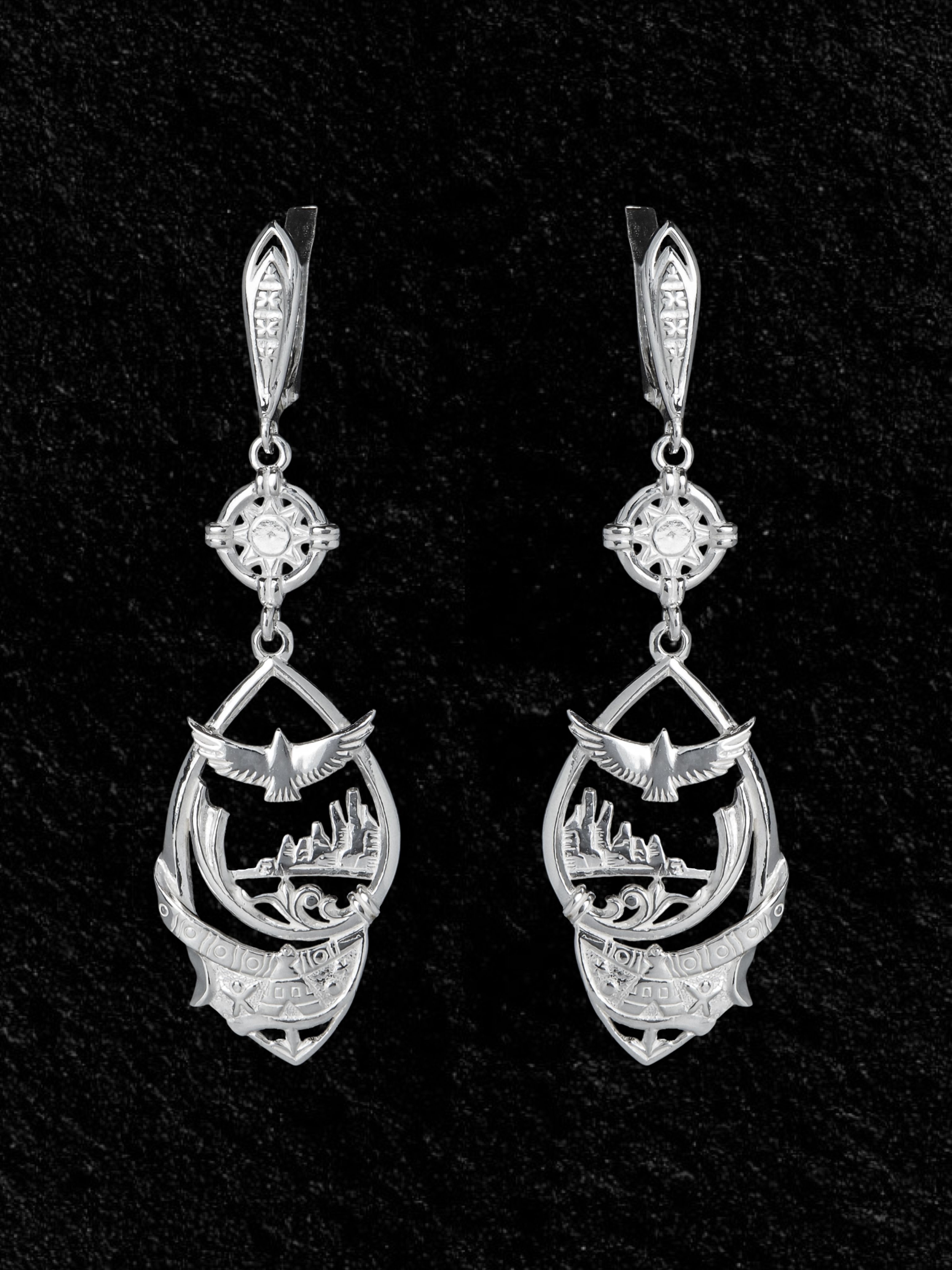 Серьги серебряные женские длинные Птицы Горы