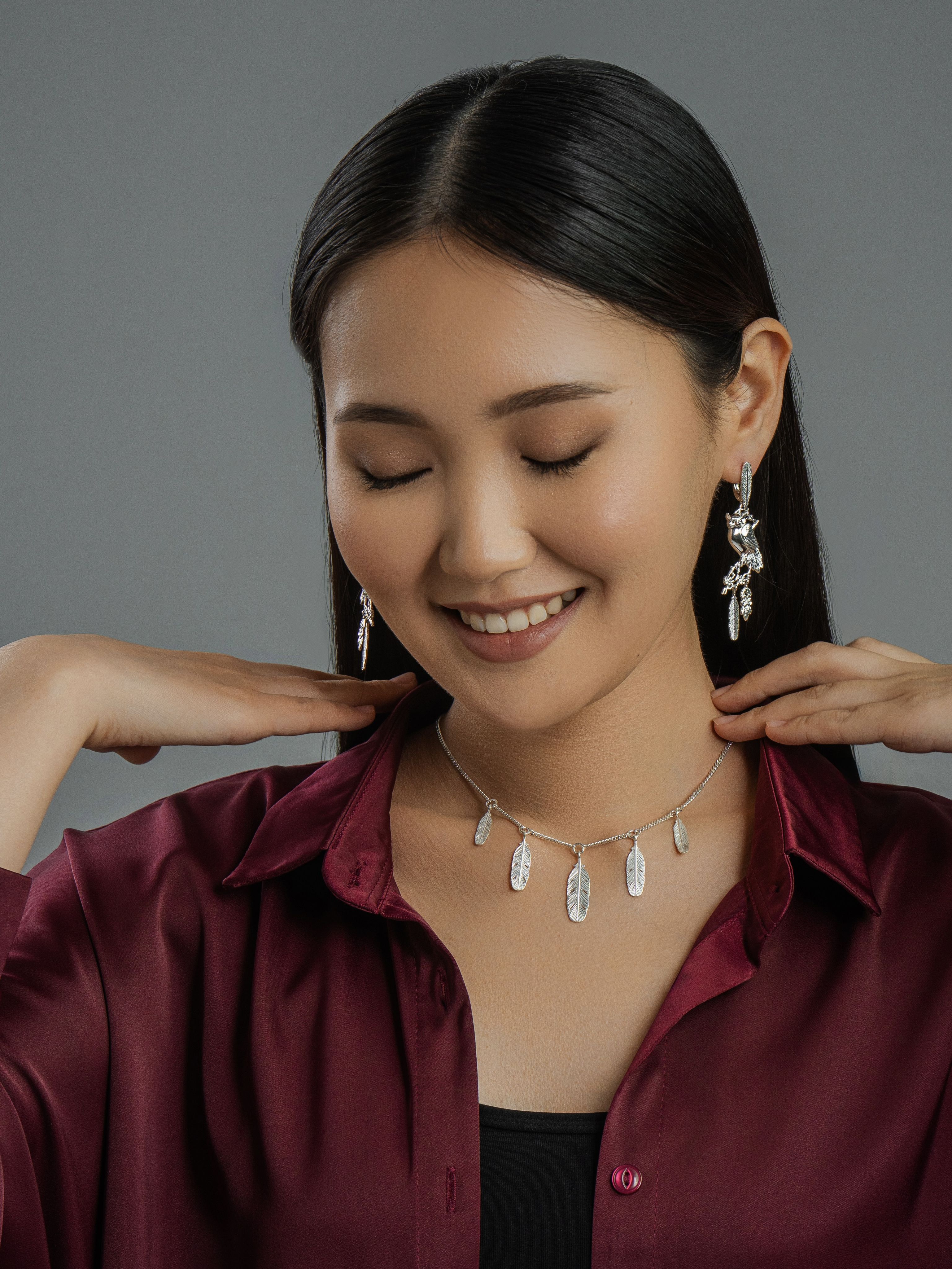 Серьги серебряные женские длинные Сова Перья