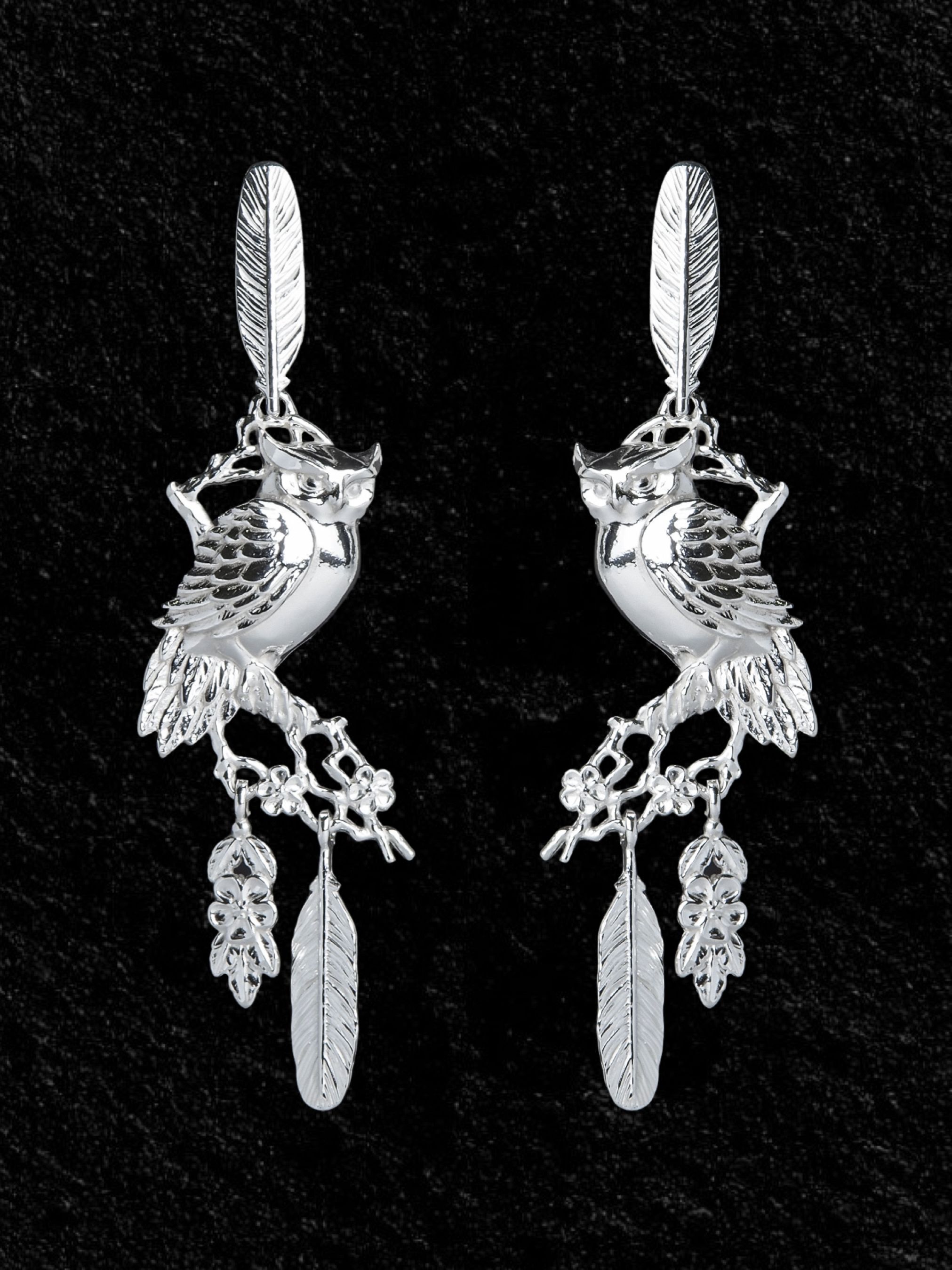 Серьги серебряные женские длинные Сова Перья